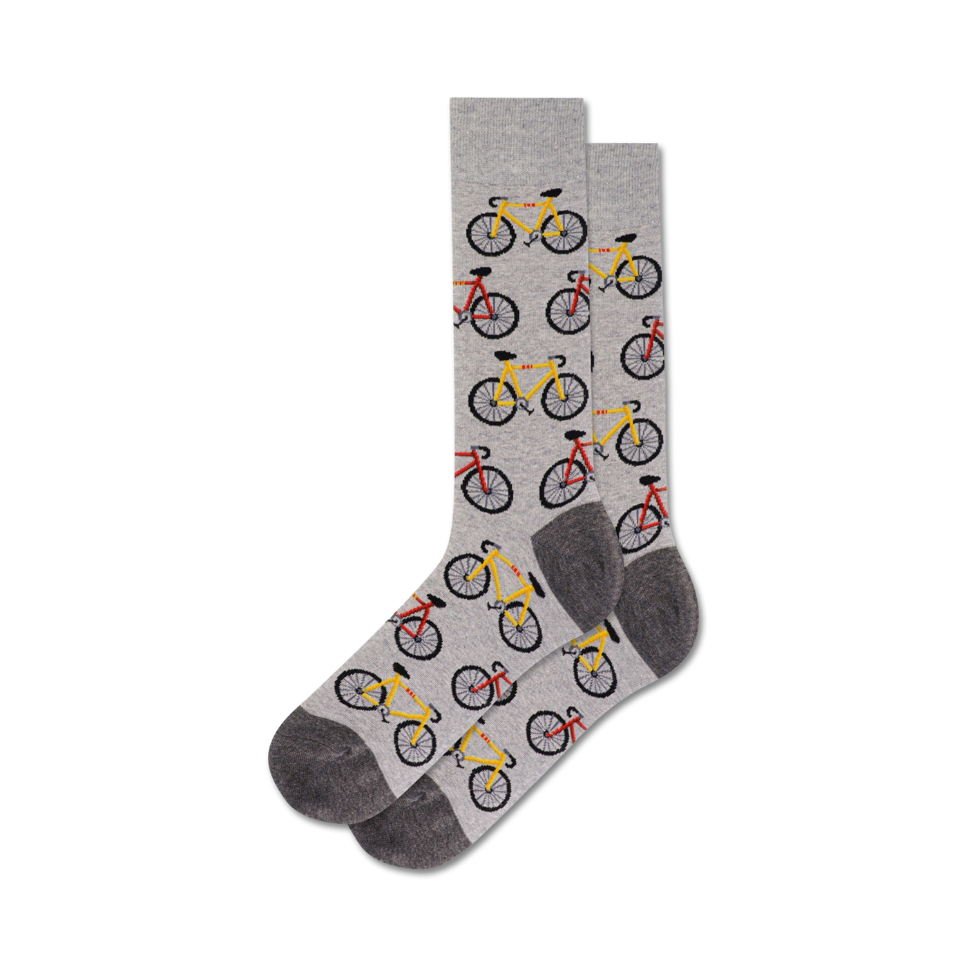 A pair of grey crew socks with a repeating pattern of yellow and red bicycles. 