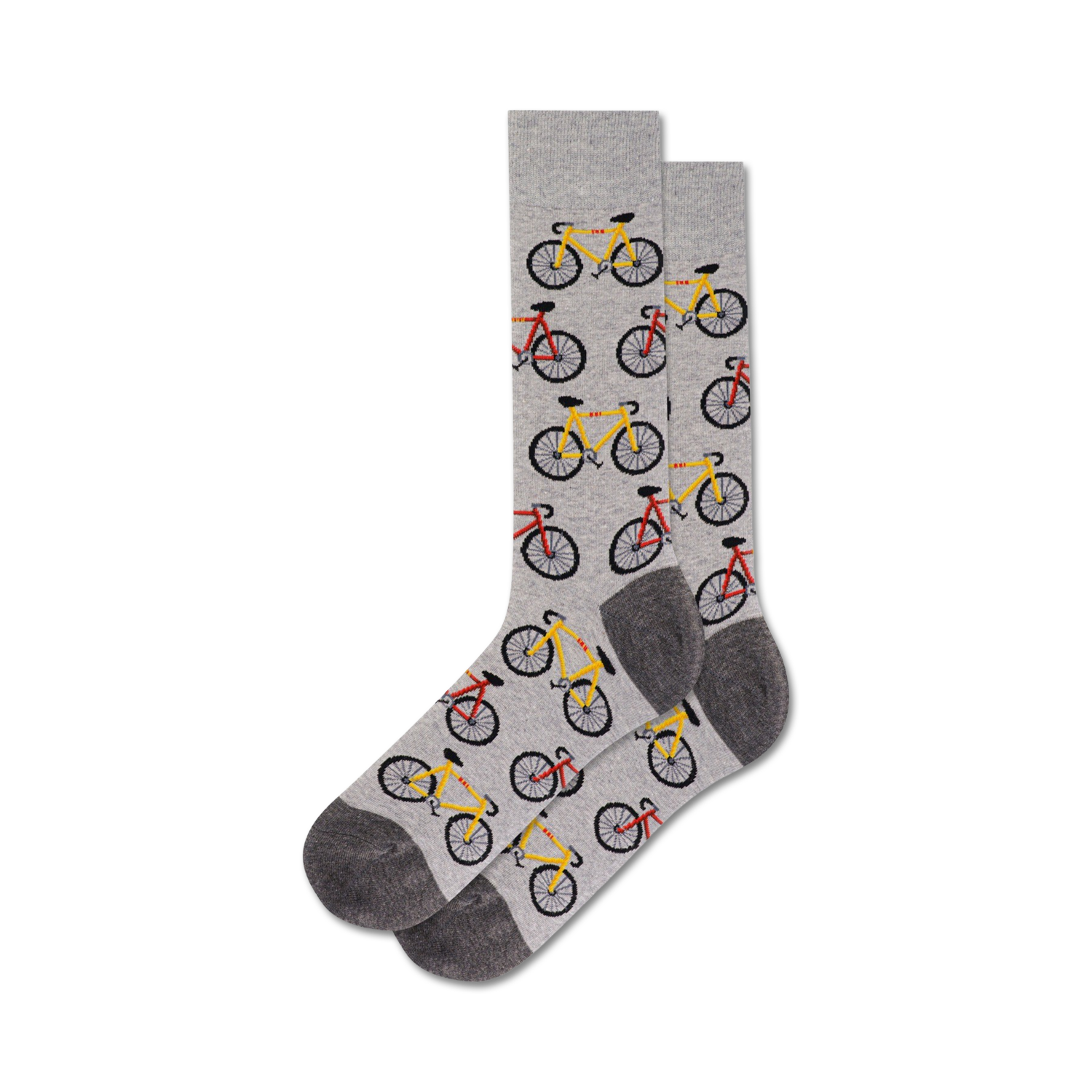 A pair of grey crew socks with a repeating pattern of yellow and red bicycles. 