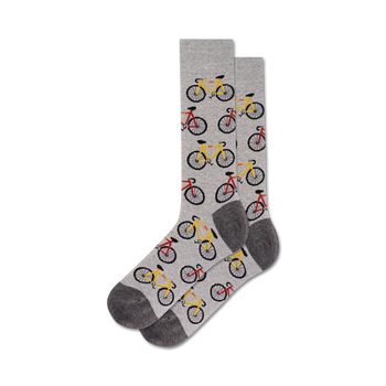 gray crew length men's socks with bright pattern of red and yellow bicycles.   