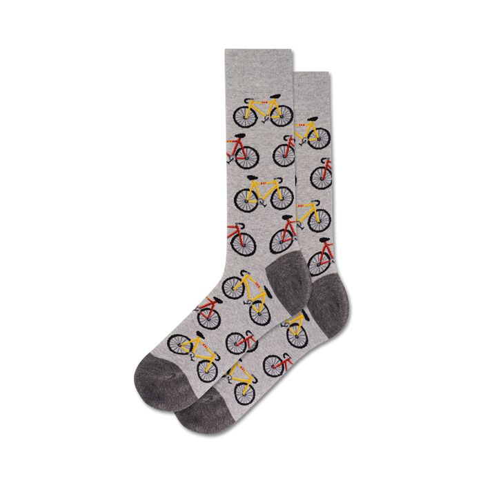gray crew length men's socks with bright pattern of red and yellow bicycles.    }}