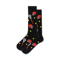 Pair of black crew socks with red lacrosse helmets and sticks, and yellow dots. 