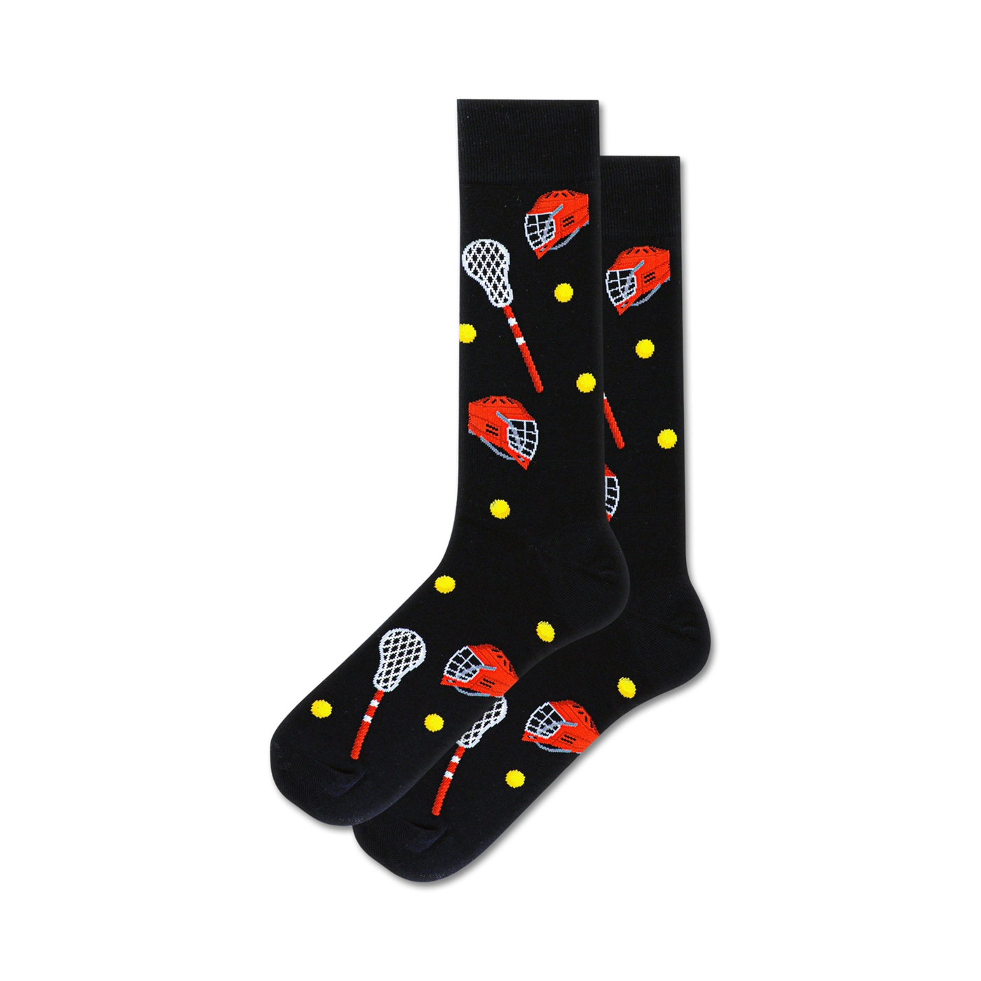 Pair of black crew socks with red lacrosse helmets and sticks, and yellow dots. 
