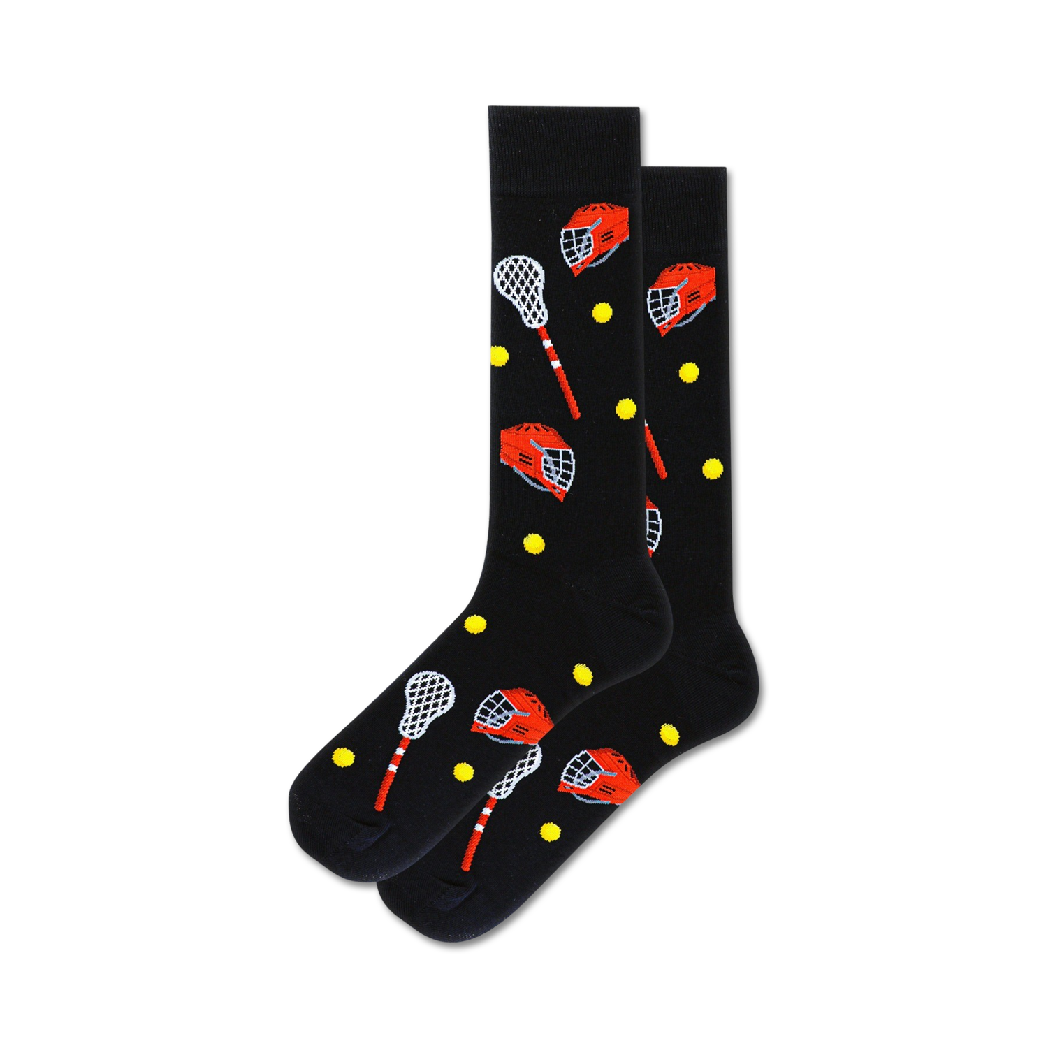 Pair of black crew socks with red lacrosse helmets and sticks, and yellow dots. 