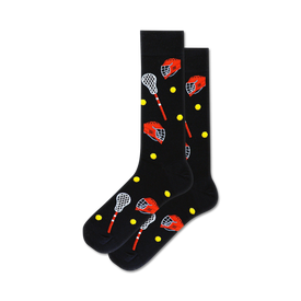 lacrosse-themed crew socks in black with red helmets and yellow balls  