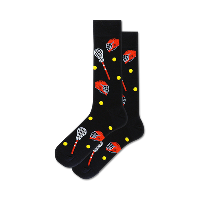 lacrosse-themed crew socks in black with red helmets and yellow balls  