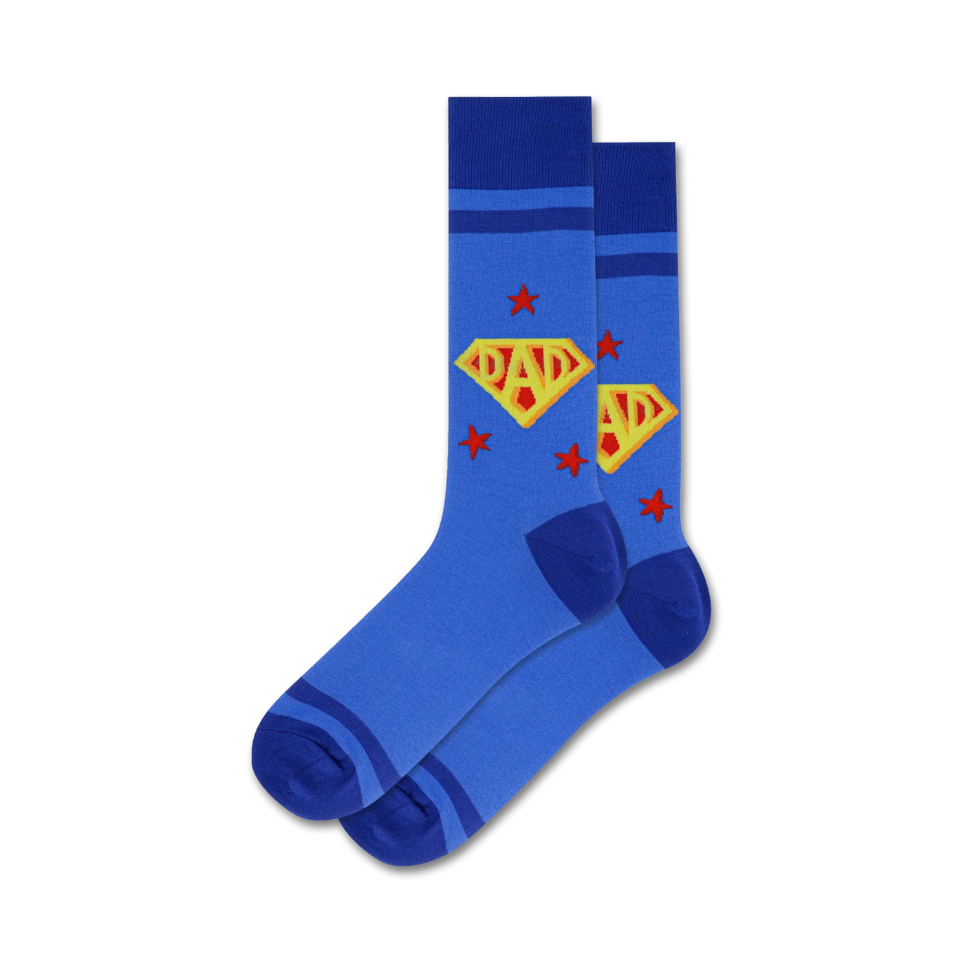 Pair of blue crew socks with red and yellow 'Super Dad' logo and stars. 