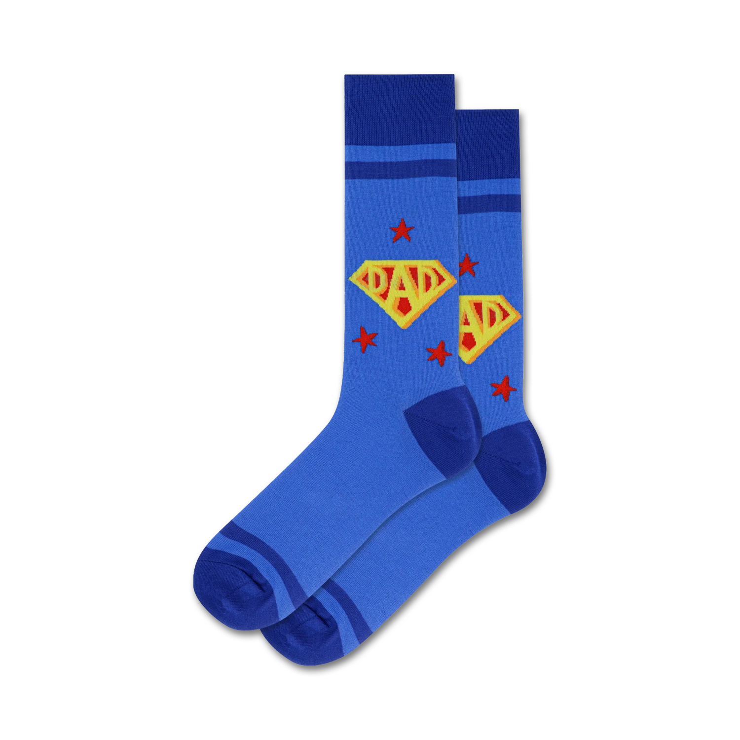 Pair of blue crew socks with red and yellow 'Super Dad' logo and stars. 