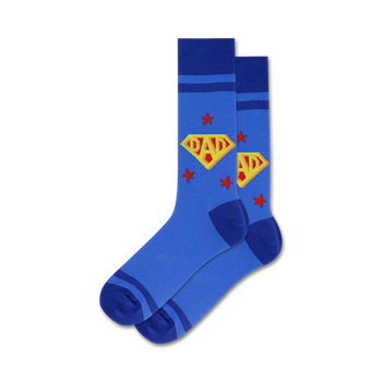 crew length blue socks feature a yellow diamond with red text that says "dad" and red stars. perfect for father's day.   