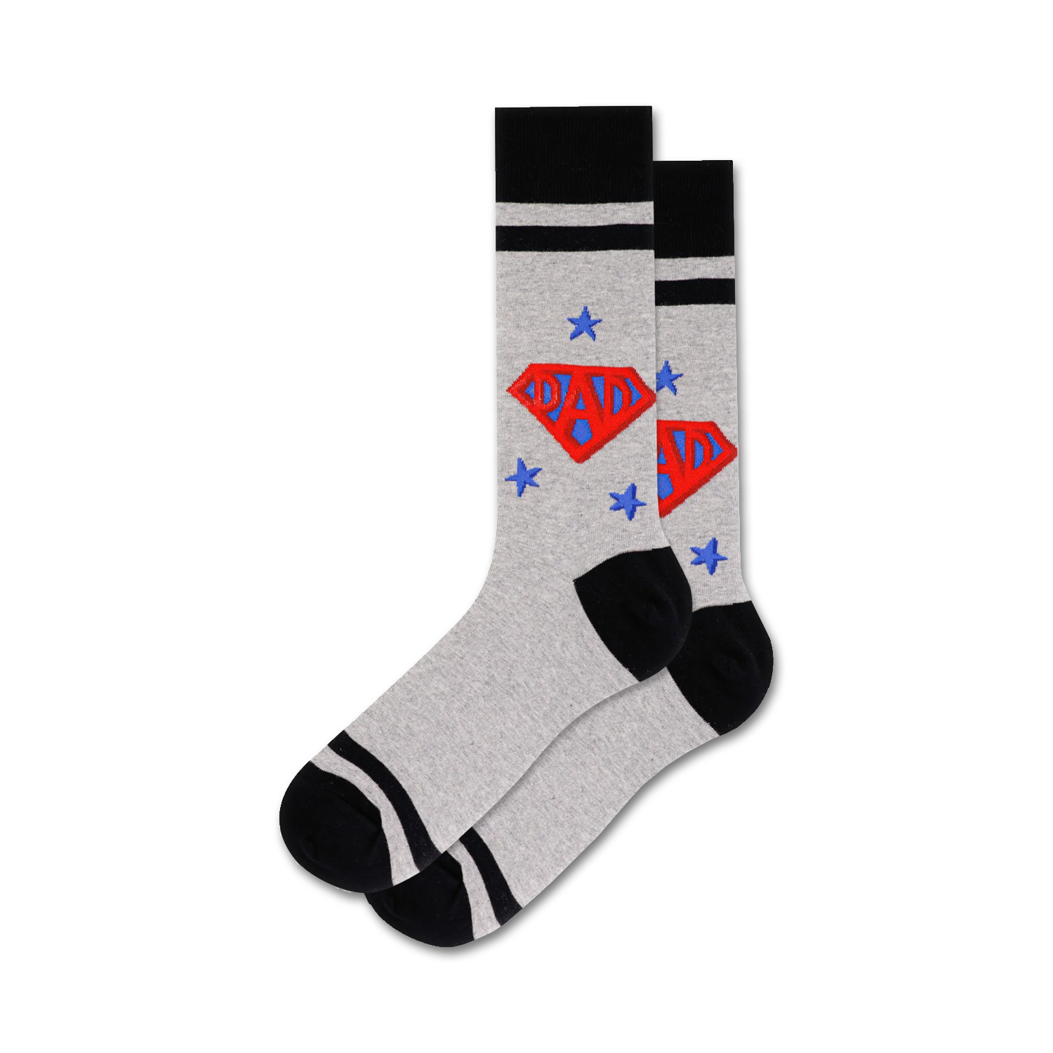 Lifestyle shot of a man wearing a pair of grey crew socks with black stripes and a red, white, and blue 'Super Dad' logo.
