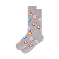 Pair of grey crew socks with a pattern of red, blue, and yellow volleyballs.