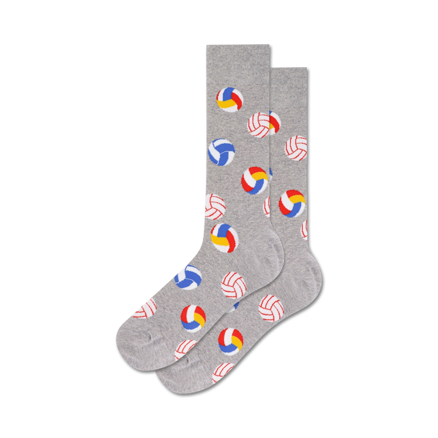 Pair of grey crew socks with a pattern of red, blue, and yellow volleyballs.