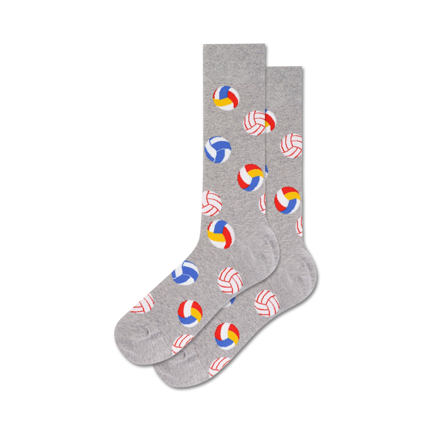 Pair of grey crew socks with a pattern of red, blue, and yellow volleyballs.