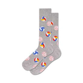 gray crew socks with colorful volleyballs for men.  