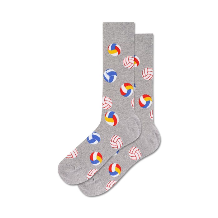 gray crew socks with colorful volleyballs for men.   }}