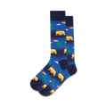 Pair of crew socks in blue and tan featuring a pattern of vintage surf vans, palm trees, and setting suns.