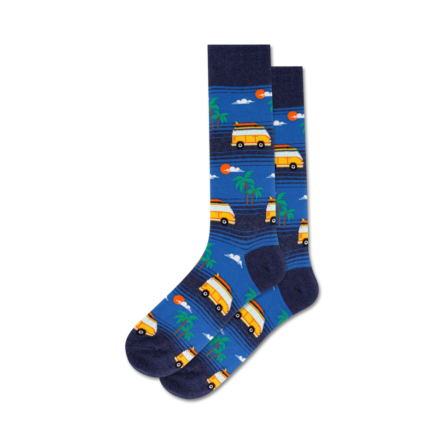 Pair of crew socks in blue and tan featuring a pattern of vintage surf vans, palm trees, and setting suns.