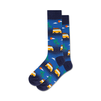yellow and orange vans on a beach road with palm trees, blue sky, white clouds. crew socks for men.  