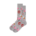 Pair of gray crew socks with fun designs. Features pink flamingos, seagulls with pizza slices, and watermelon crabs.