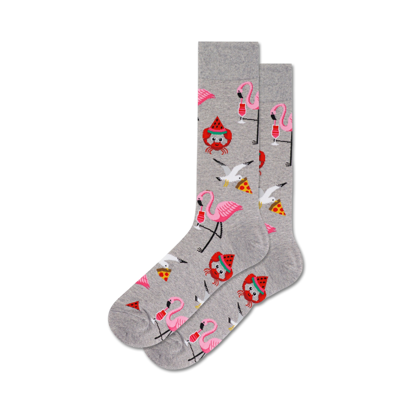 Pair of gray crew socks with fun designs. Features pink flamingos, seagulls with pizza slices, and watermelon crabs.