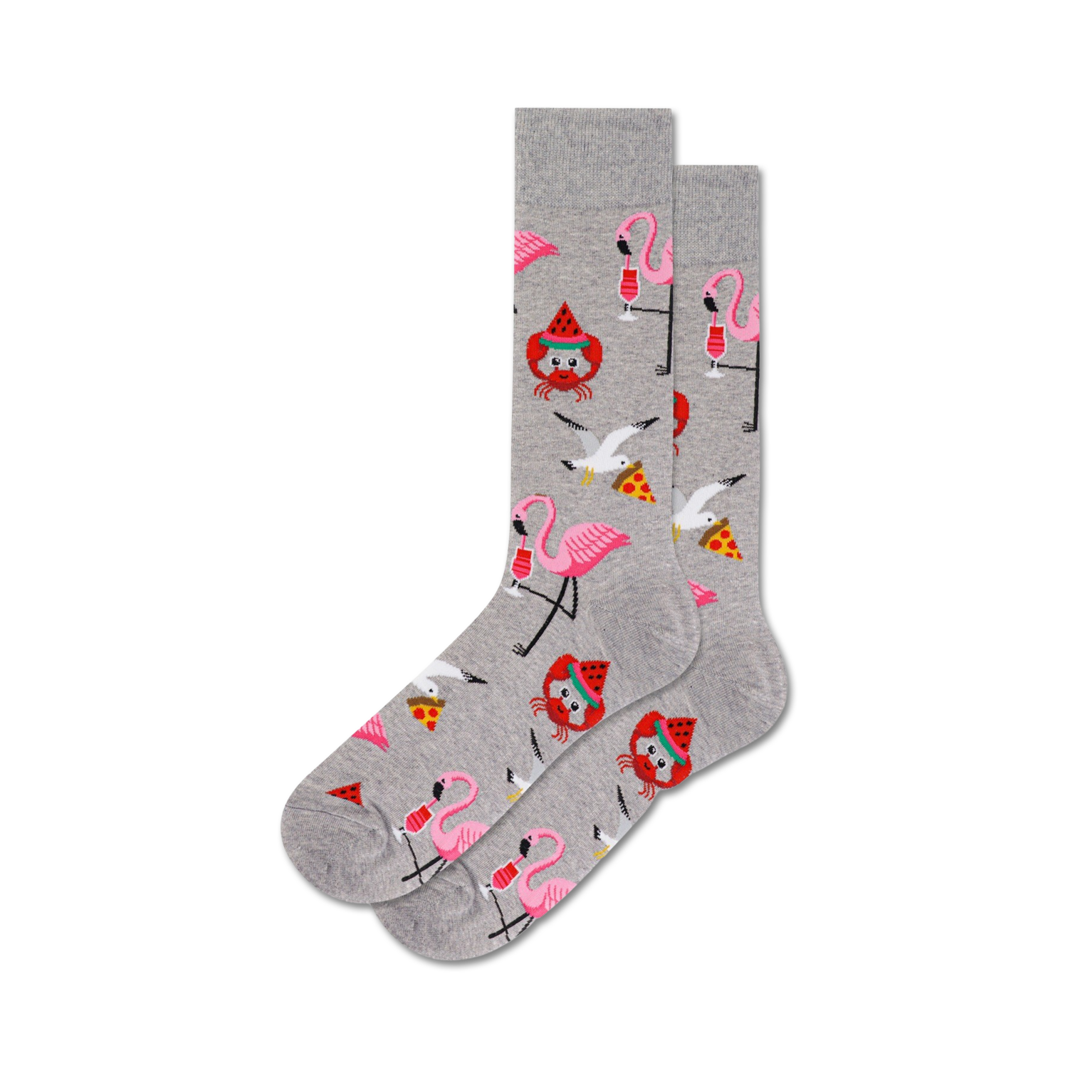 Pair of gray crew socks with fun designs. Features pink flamingos, seagulls with pizza slices, and watermelon crabs.