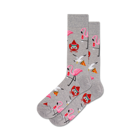 flamingo, seagull, and crab pattern crew socks for men, gray background, pink, white, red.   