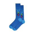 Pair of blue crew socks with a fun design.  Each sock shows a beet wearing headphones and the text 'Turn up the Beet'.