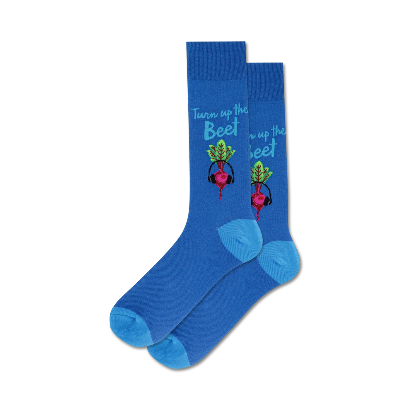 Pair of blue crew socks with a fun design.  Each sock shows a beet wearing headphones and the text 'Turn up the Beet'.