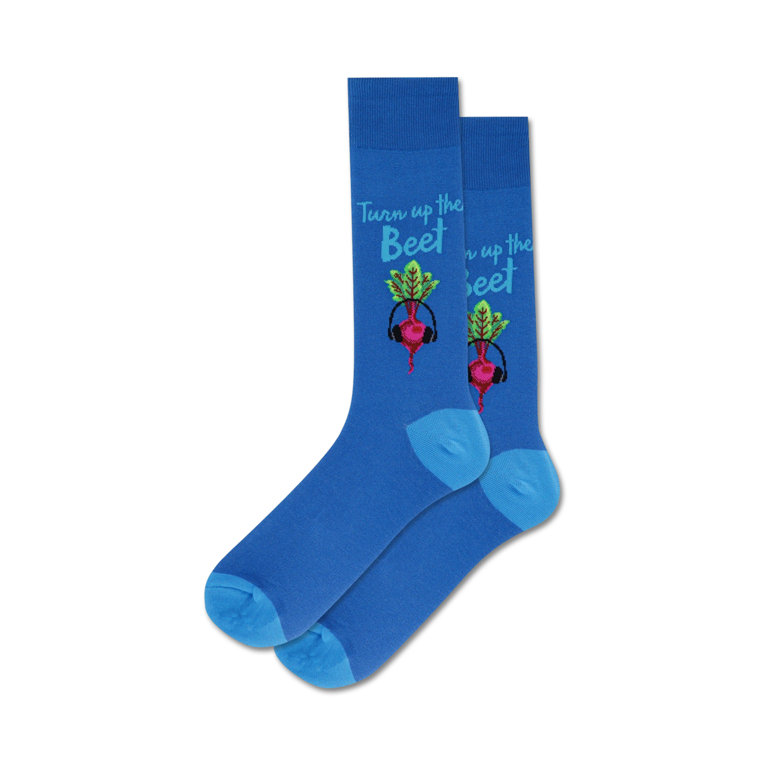 Pair of blue crew socks with a fun design.  Each sock shows a beet wearing headphones and the text 'Turn up the Beet'.
