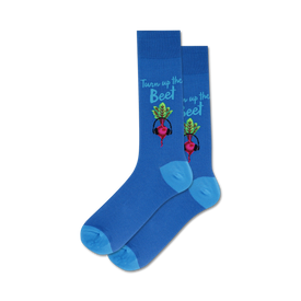 mens blue crew socks with red beetroots wearing headphones and 'turn up the beet' text.  