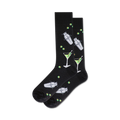 Pair of black crew socks with a fun design of martini glasses, cocktail shakers, and olives. 