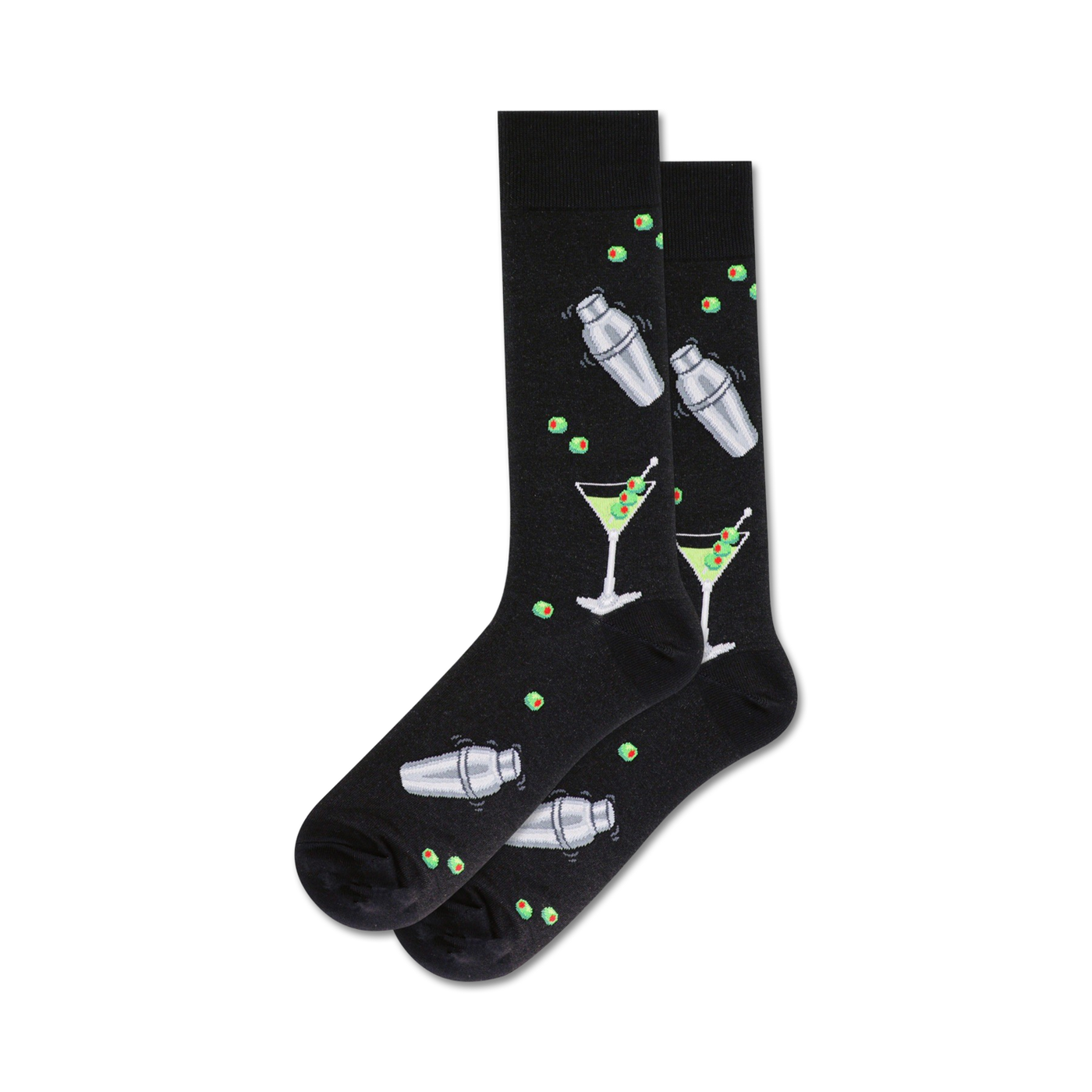 Pair of black crew socks with a fun design of martini glasses, cocktail shakers, and olives. 
