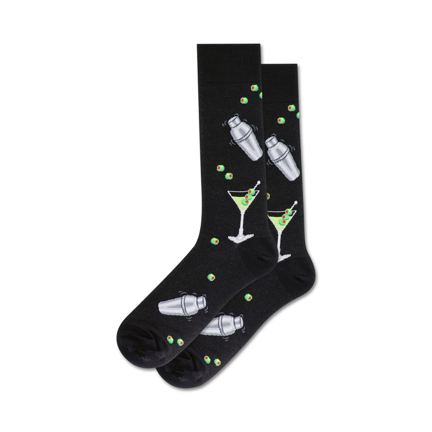 Pair of black crew socks with a fun design of martini glasses, cocktail shakers, and olives. 