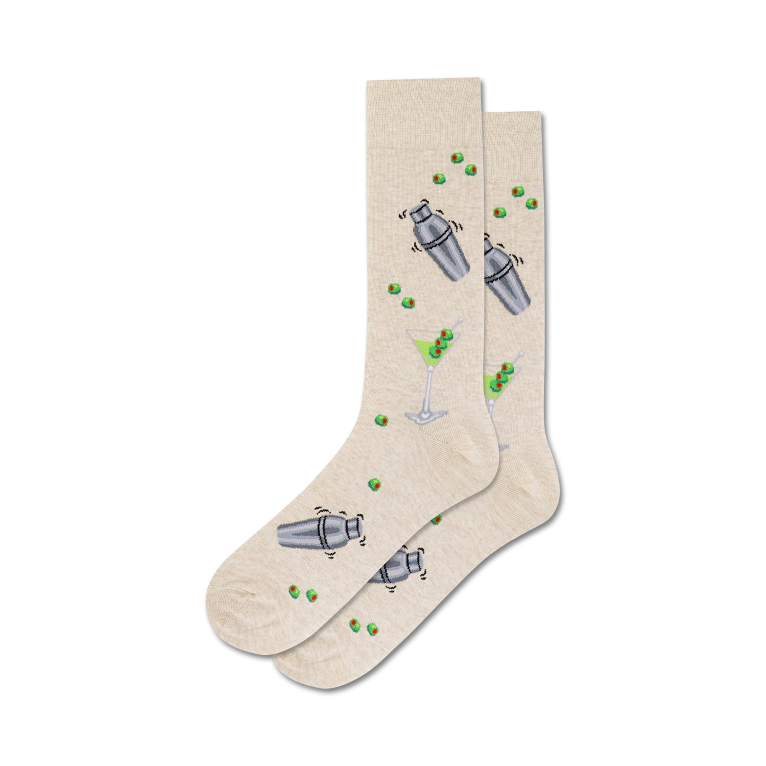 Pair of beige crew socks with the same martini-themed design as the black pair.