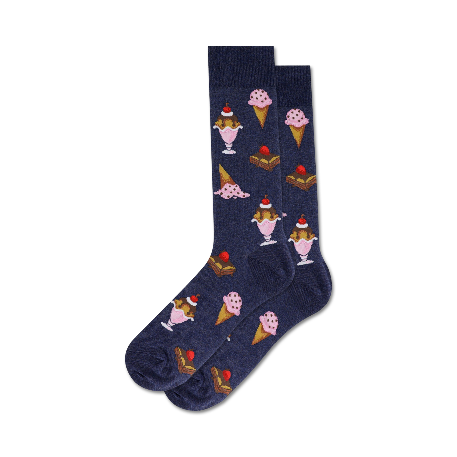 Pair of navy crew socks with a repeating pattern of ice cream sundaes and brownies. 