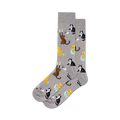 Pair of crew socks in grey and blue, featuring a repeating pattern of cute cats drinking from coffee cups and hanging off mugs.