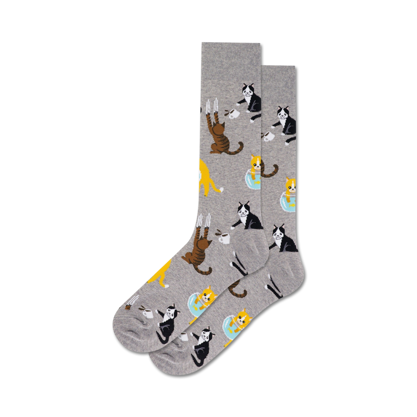 Pair of crew socks in grey and blue, featuring a repeating pattern of cute cats drinking from coffee cups and hanging off mugs.
