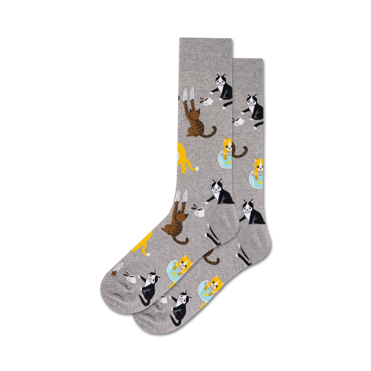 Pair of crew socks in grey and blue, featuring a repeating pattern of cute cats drinking from coffee cups and hanging off mugs.
