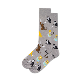 mens crew socks feature gray design with cartoon cats doing funny things like climbing, fishbowling & coffee drinking.   