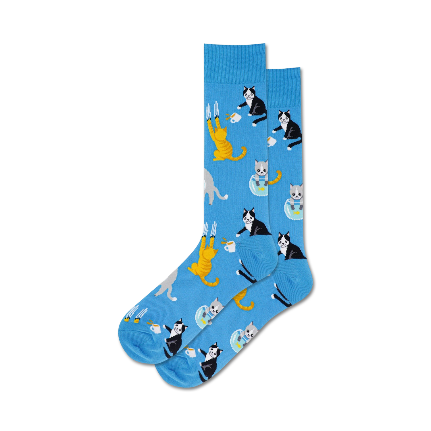 Lifestyle shot showing the blue 'Bad Cat' socks on a person's feet.