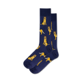 Pair of crew socks, navy blue with repeating pattern of illustrated German Shepherds in gold. 