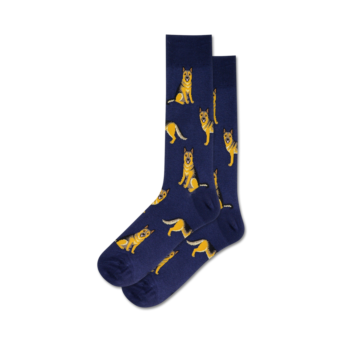 Pair of crew socks, navy blue with repeating pattern of illustrated German Shepherds in gold. 