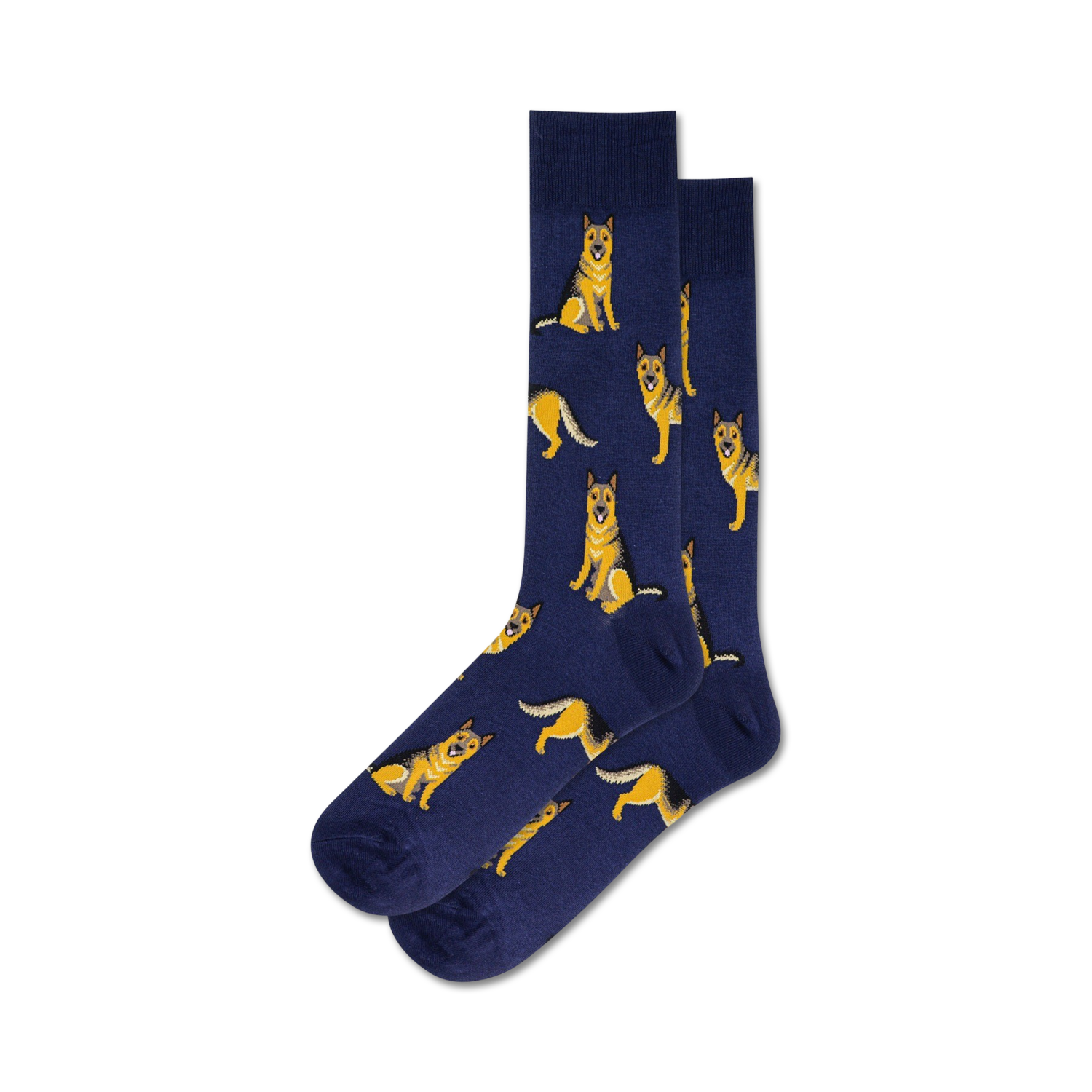 Pair of crew socks, navy blue with repeating pattern of illustrated German Shepherds in gold. 