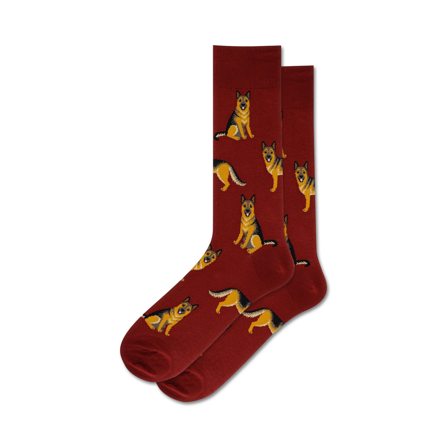 Lifestyle shot of a person's feet wearing the red German Shepherd socks.