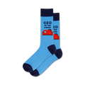 Pair of light blue crew socks with a navy blue cuff.  The socks feature a graphic of a red couch with a black cat, and the text 'CEO of the Couch'.
