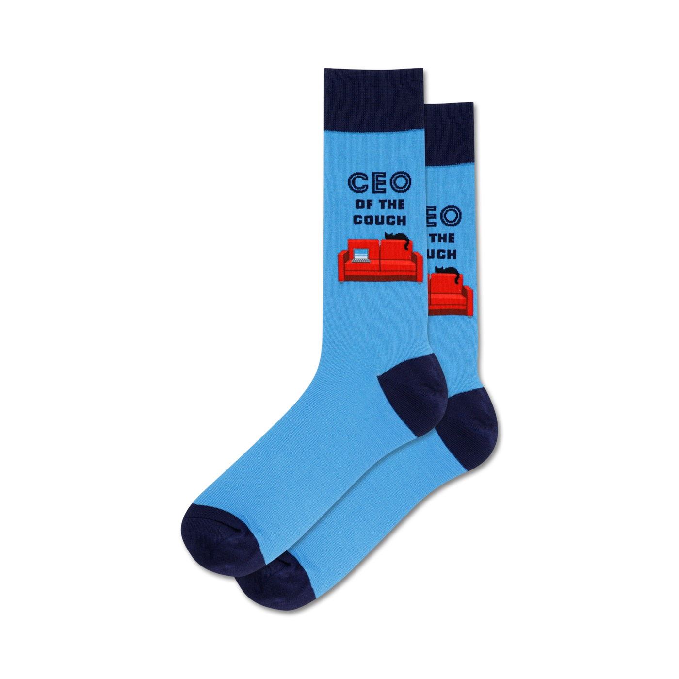 Pair of light blue crew socks with a navy blue cuff.  The socks feature a graphic of a red couch with a black cat, and the text 'CEO of the Couch'.