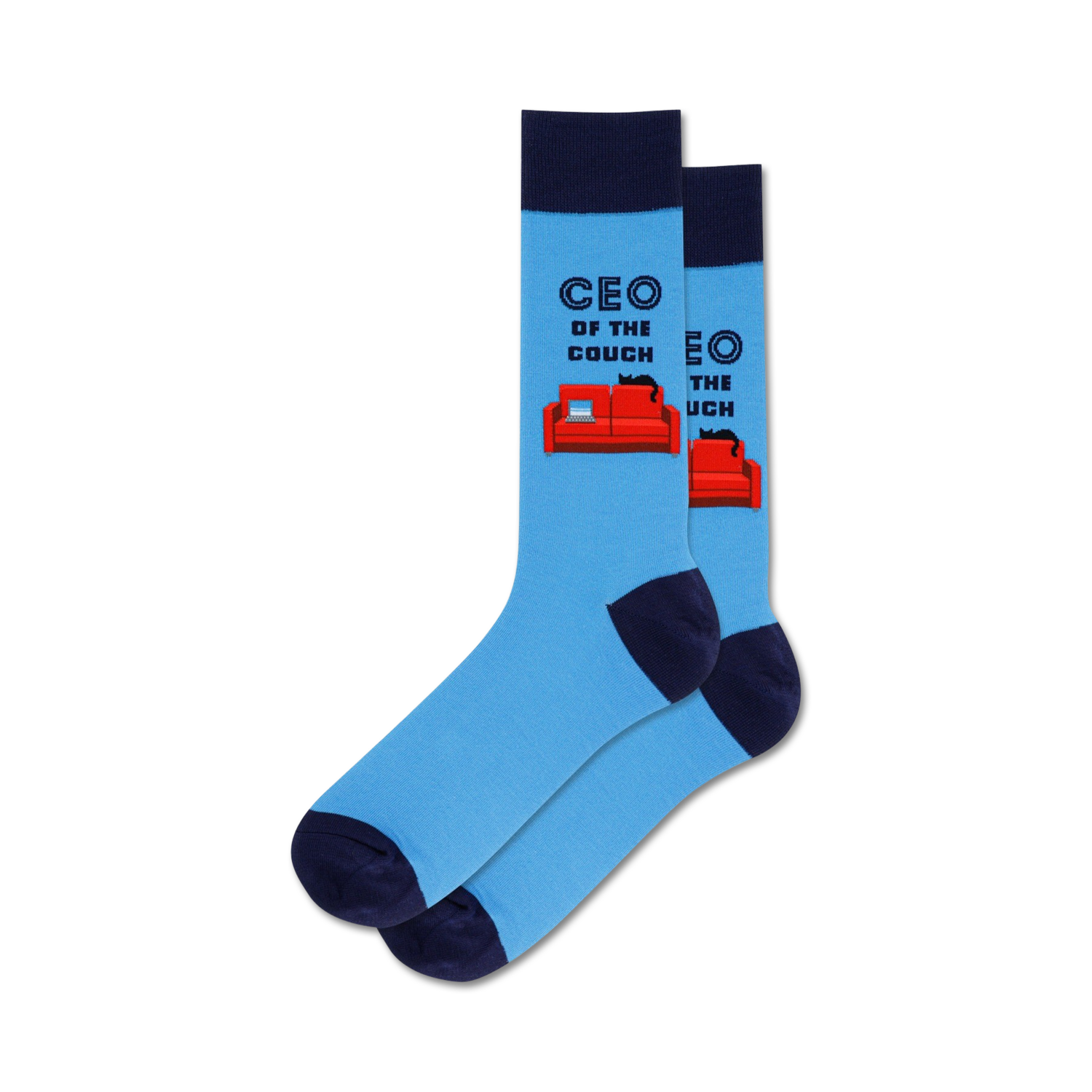 Pair of light blue crew socks with a navy blue cuff.  The socks feature a graphic of a red couch with a black cat, and the text 'CEO of the Couch'.