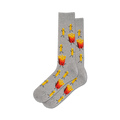 Pair of crew socks, grey and blue, with a fun pattern of cartoon french fries in various poses.