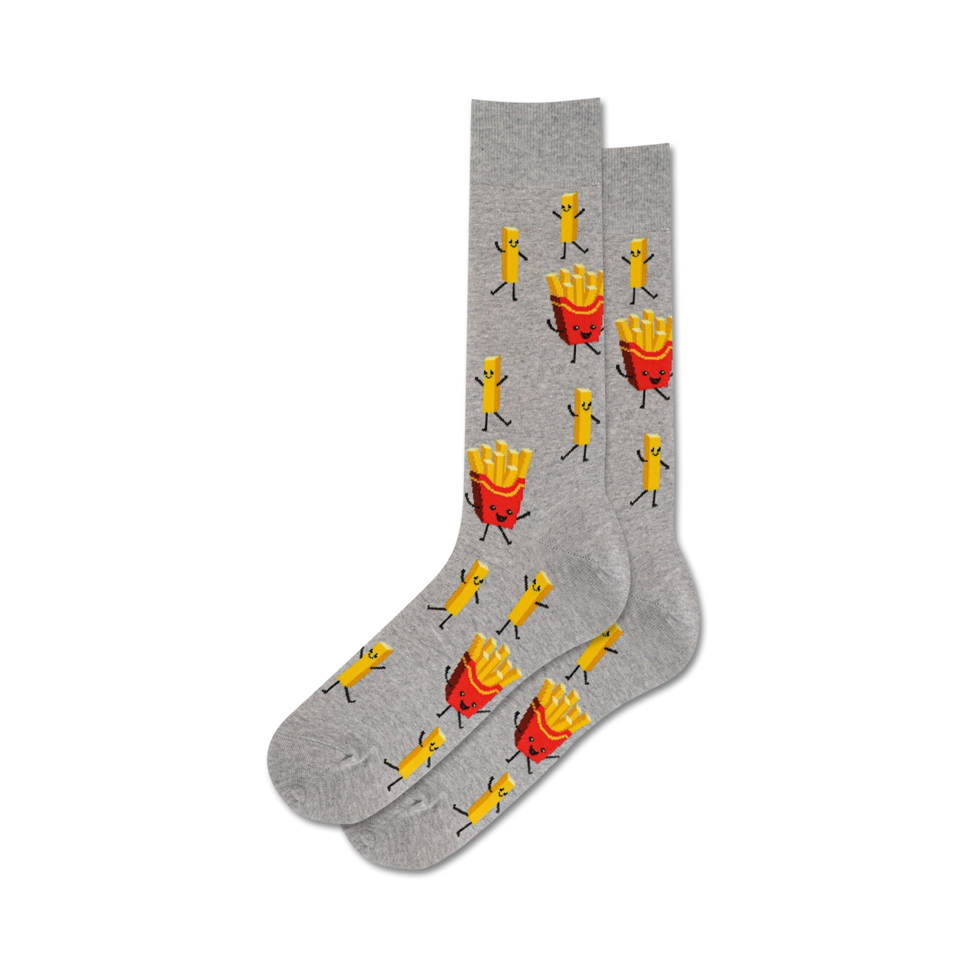 Pair of crew socks, grey and blue, with a fun pattern of cartoon french fries in various poses.