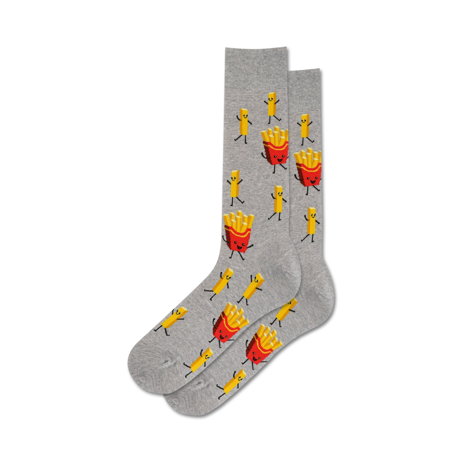 Pair of crew socks, grey and blue, with a fun pattern of cartoon french fries in various poses.