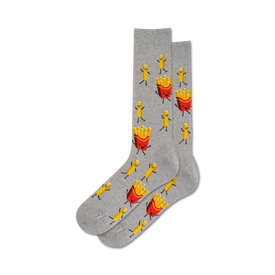 crew-length gray cotton blend socks with cartoon french fry pattern for men.  